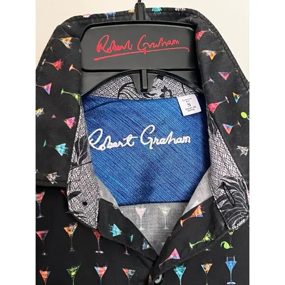 ROBERT GRAHAM BLACK NEON MARTINI PRINT S/S STRETCH SHIRT ROLL CUFF SZ S